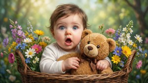 Baby with Teddy in Flowers