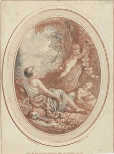 Bacchanaal met nimf en putti bij bomen
