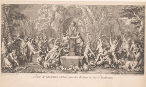 Bacchanaal met saters en bacchanten om een beeld van Bacchus