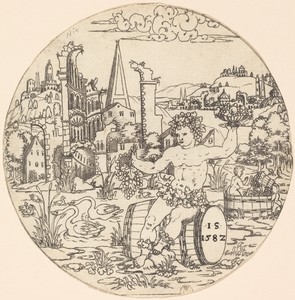 Bacchus Seated on a Barrel and Holding Grapes
