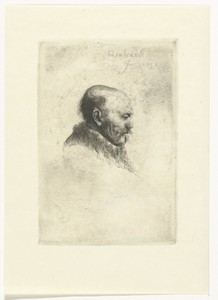 Bald headed man in profile right: the artist's father (?)