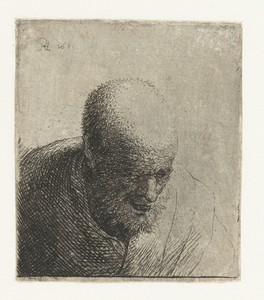 Bald man with open mouth, looking down: bust