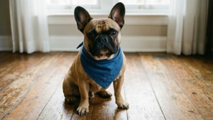 Bandana Frenchie on Wood Floor