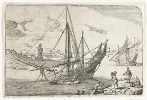 Bark voor anker bij de haven van Messina