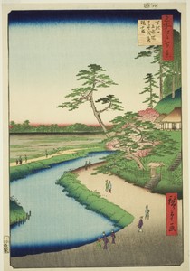 Basho's Hut on Camellia Hill Beside the Aquaduct at Sekiguchi (Sekiguchi josui-bata Bashoan Tsubakiyama), from the series "One Hundred Famous Views of Edo (Meisho Edo hyakkei)"