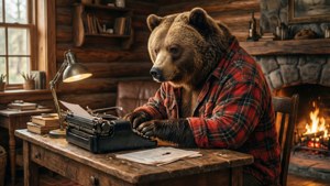 Bear Writer in Cabin