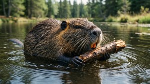 Beaver Swimming with Log