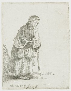 Bedelares, leunend op een stok