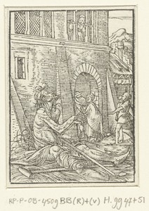 Bedelende zieke man voor een stadspoort