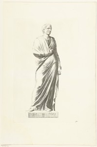 Beeld van staande man in toga met schriftrol