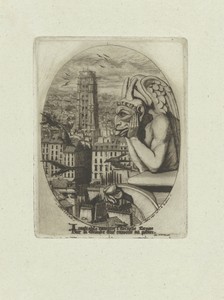 Beeld van vampier als waterspuwer op toren van Notre Dame en vergezicht over Parijs