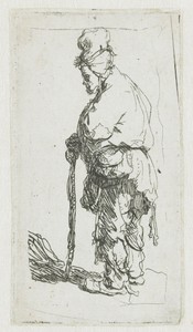 Beggar leaning on a stick, facing left
