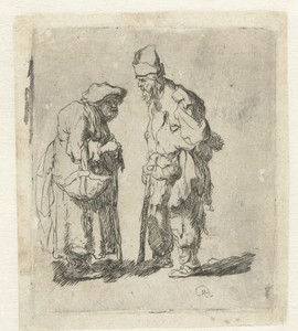 Beggar man and beggar woman conversing