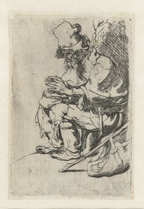 Beggar seated warming his hands at a chafing dish