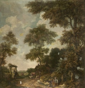 Behangselschildering van een Hollands landschap met een zandweg