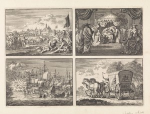 Belegering van een stad / Sterfbed van paus Alexander VII, 1667 / Strijd van vijf Zeeuwse kapers tegen acht Portugese oorlogsschepen voor de kust van Brazilië, 1657 / De in Den Haag door Johan Diederik de Mortaigne geschaakte Catharina van Orliens wordt per rijtuig naar Kuilenburg gebracht, 1664