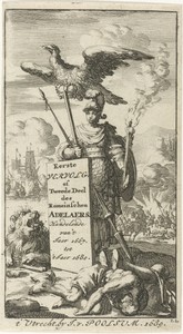 Bellona gewapend met zwaard en speer, boven haar vliegt een adelaar met een kroon in de klauwen