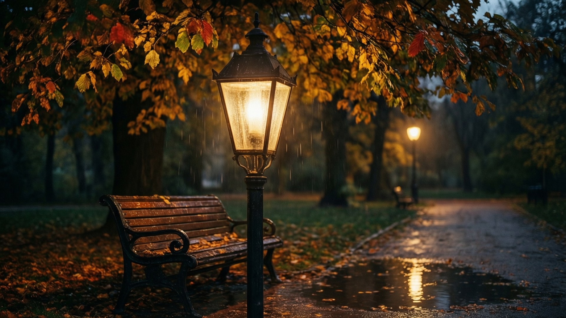 Bench Under Autumn Rain by Wallpapers.art Studio