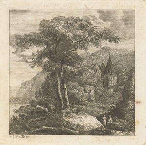 Bergachtig landschap met bomen, kasteel en twee figuren