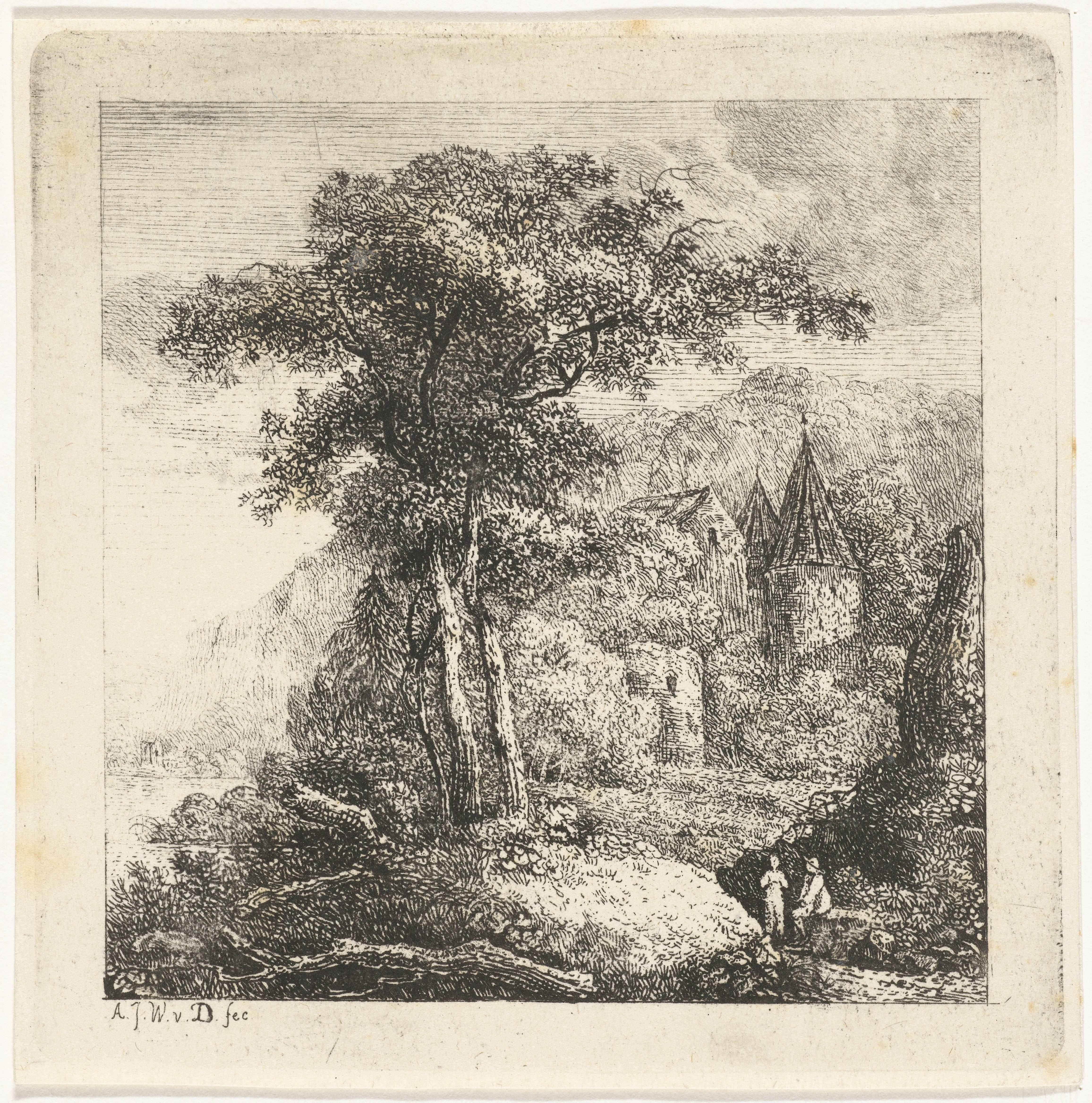 Bergachtig landschap met bomen, kasteel en twee figuren by Adriaan Jacob Willem van Dielen