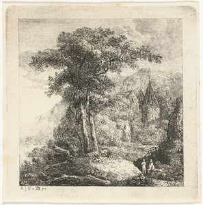 Bergachtig landschap met bomen, kasteel en twee figuren