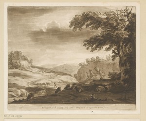 Bergachtig landschap met brug over een rivier, herder en geiten