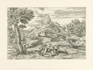 Bergachtig landschap met draailierspeler
