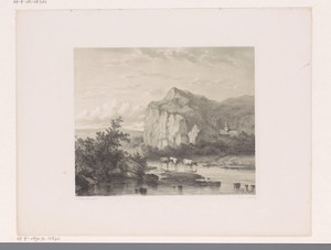 Bergachtig landschap met drie koeien in het water
