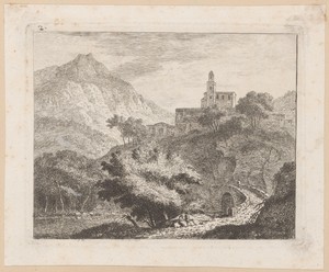 Bergachtig landschap met een gebouw op een rots