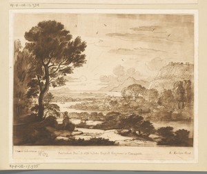 Bergachtig landschap met fluitspelende herder op een rots