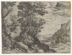 Berglandschap met biddende kluizenaar