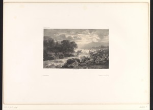 Berglandschap met bomen, beek en doorbrekende zon