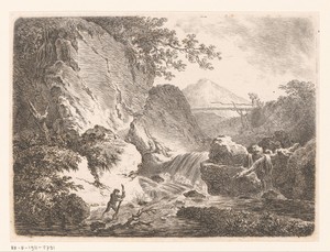 Berglandschap met cascade en een staande man in het water