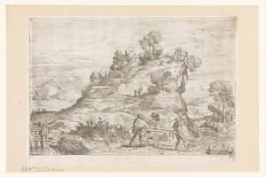 Berglandschap met dode man op een brancard