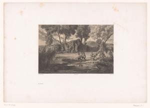 Berglandschap met drie faunen bij een beek