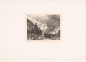 Berglandschap met een spar tussen rotsblokken