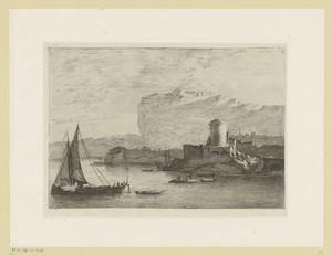 Berglandschap met een toren in een haven