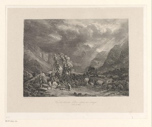 Berglandschap met figuren in een vallei na een storm