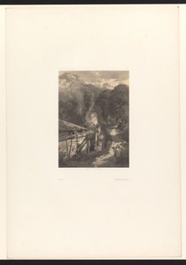 Berglandschap met figuur op een pad langs huizen
