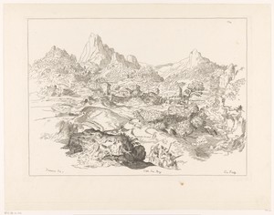 Berglandschap met herders en op de achtergrond een dorp met een watermolen