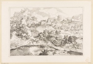 Berglandschap met herders en op de achtergrond twee dorpen
