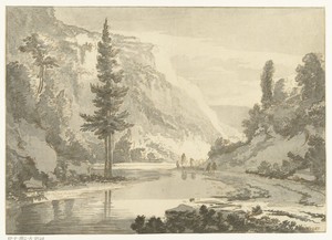 Berglandschap met herders op een rivieroever
