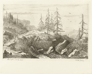 Berglandschap met huis tussen naaldbomen en figuren die brug passeren