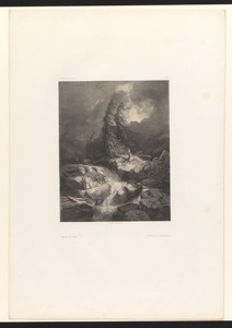 Berglandschap met naaldbomen, beek en regenwolken