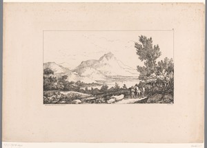 Berglandschap met rivier en soldaten