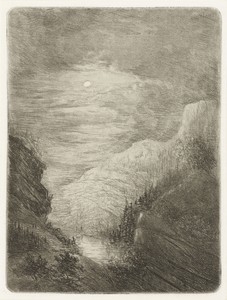 Berglandschap met rivier in maanlicht