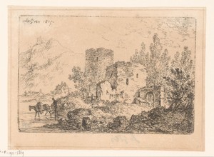 Berglandschap met ruïne en figuur met een ezel