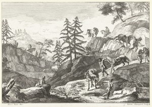 Berglandschap met ruiters die paarden bergaf leiden op pad