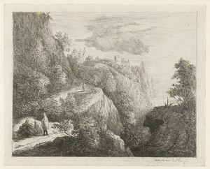 Berglandschap met rustende figuren aan kant van weg