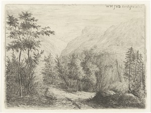 Berglandschap met rustende figuur langs weg